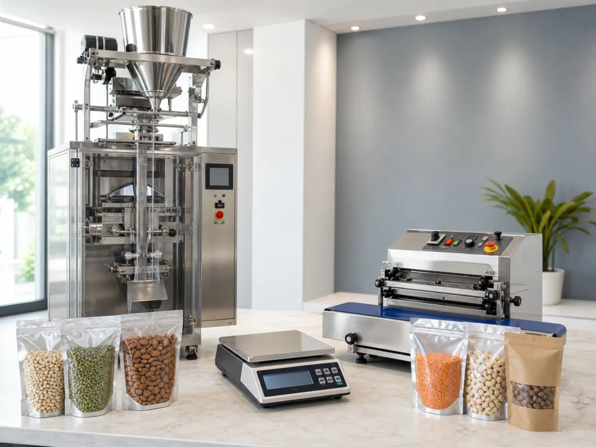 Pouch packing machine, sealing equipment, weighing scale and packaged products