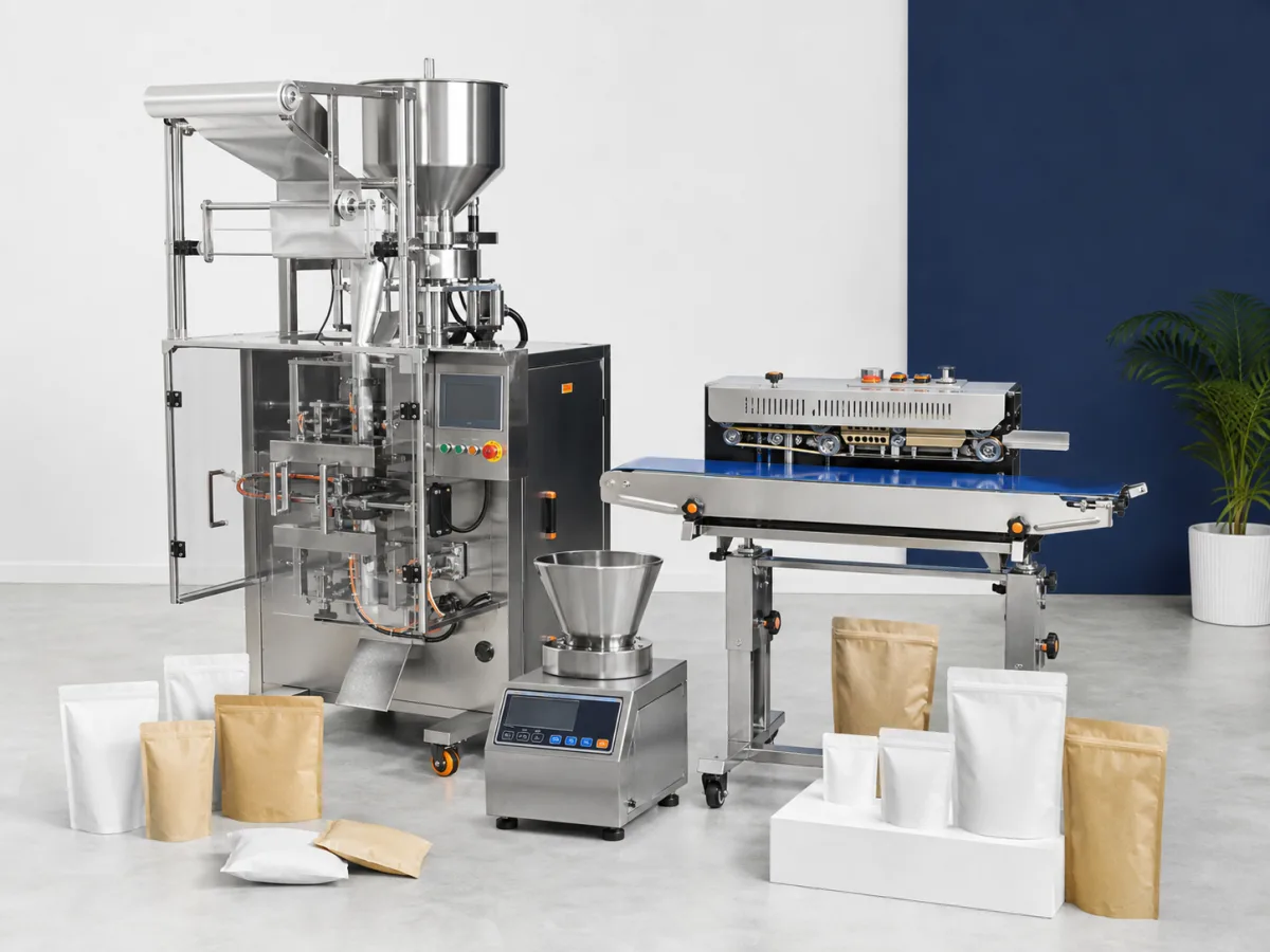 Pouch packaging machine, continuous band sealer, weighing equipment and packed pouches