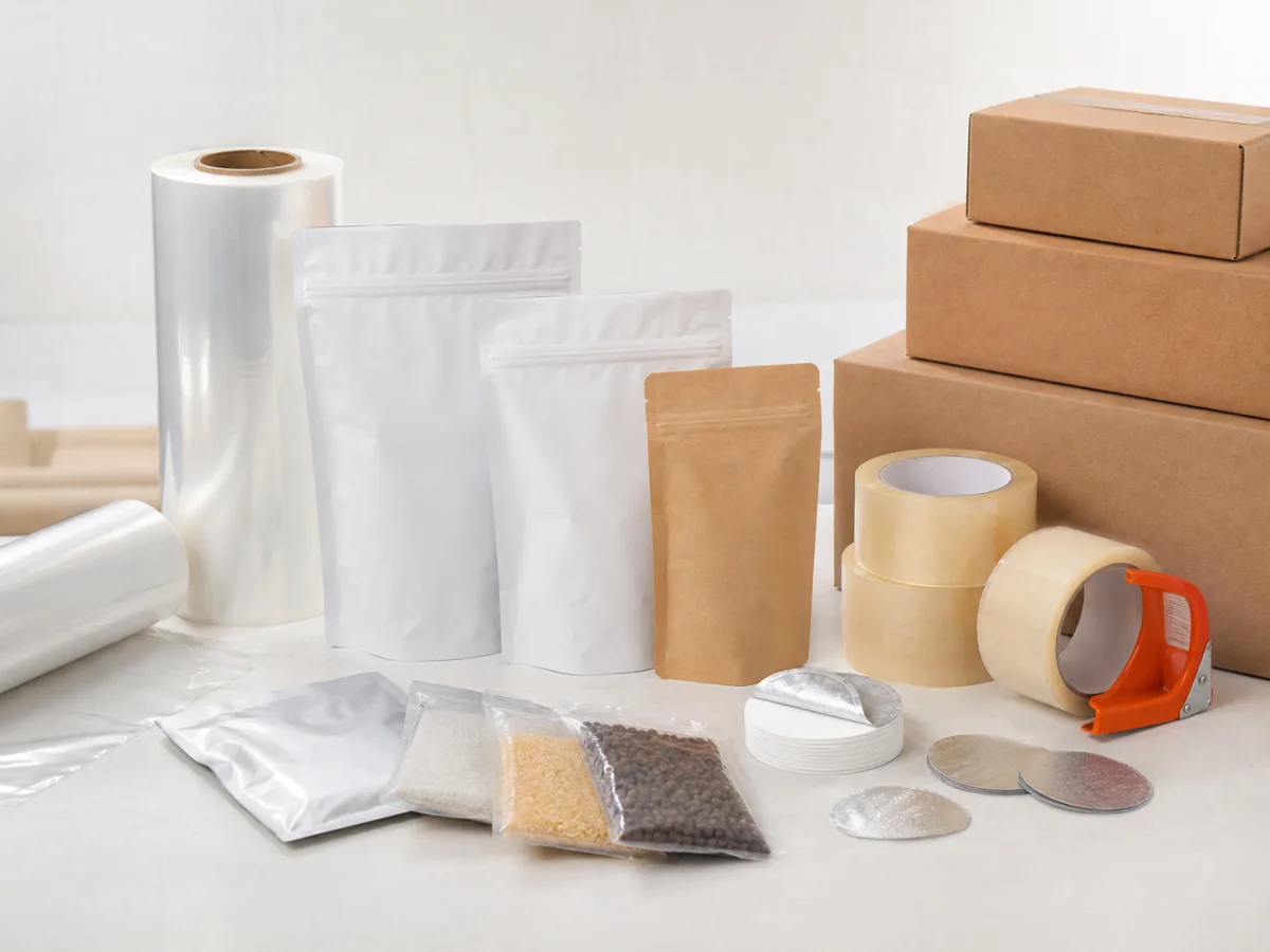 Packaging pouches, film rolls, cartons, sealing wads and BOPP tapes